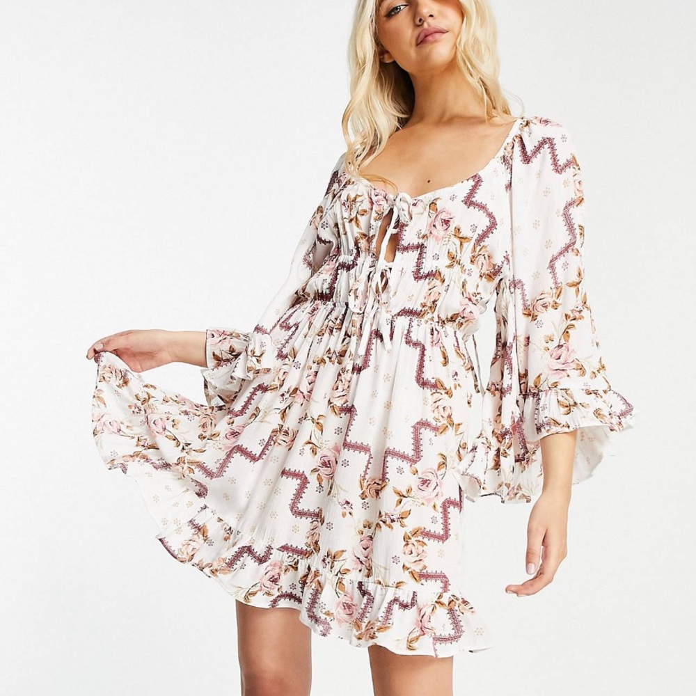 ASOS Design 70s Boho Pink and White Floral Bell Sleeve Ruffle Mini Dress